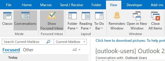 Outlook 2016 focused inbox missing